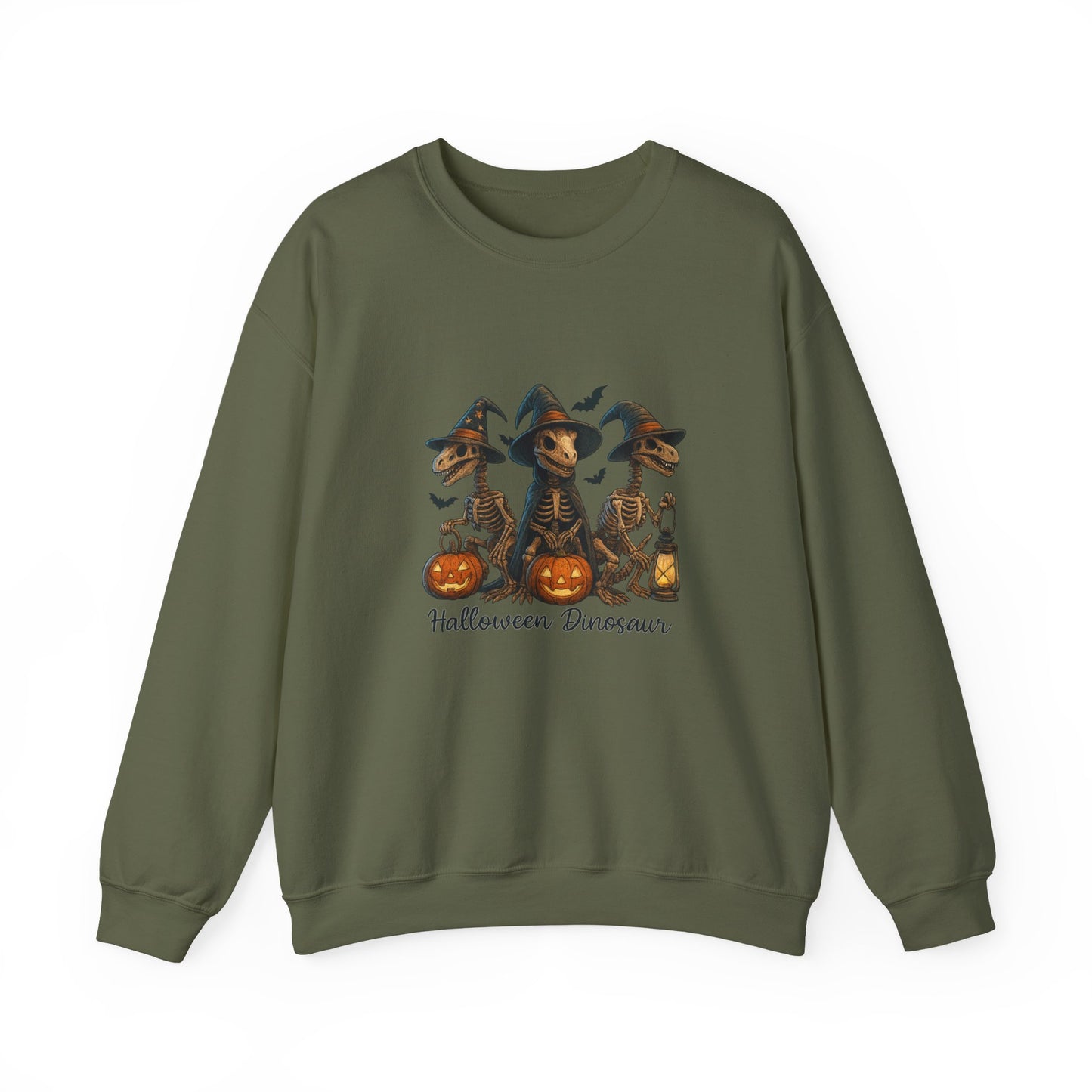 Unisex Heavy Blend™ Halloween Dinosaur Sweatshirt – Spooky Skeleton Dinos with Pumpkins | mw1023