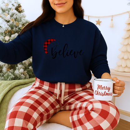 Unisex Heavy Blend™ mw2036 | Believe Christmas Sweatshirt – Buffalo Plaid Santa Hat Holiday Crewneck | Cozy Unisex Winter Gift