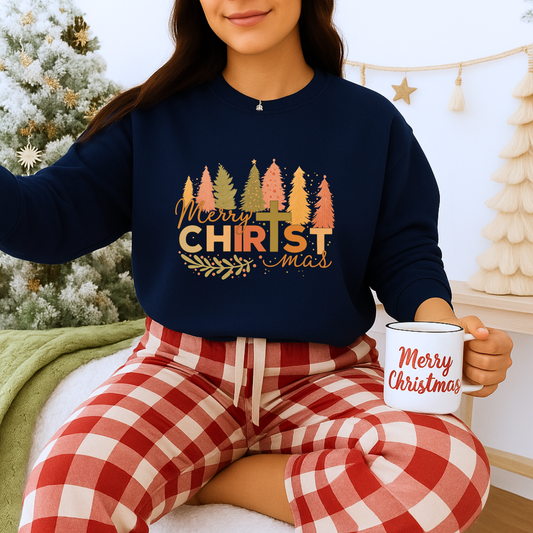 Unisex Heavy Blend™ mw2005 | Merry CHRISTmas Sweatshirt – Christian Holiday Crewneck with Cross & Trees | Faith Based Unisex Gift | Unisex Winter Gift