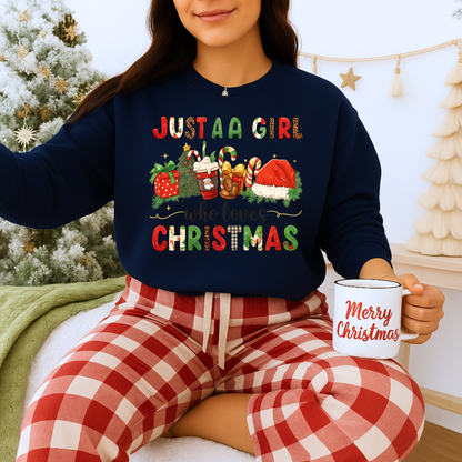 Unisex Heavy Blend™ mw2052 | Just a Girl Who Loves Christmas Sweatshirt – Cute Holiday Pullover, Festive Santa Candy Cane Crewneck