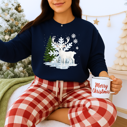 Unisex Heavy Blend™ mw2058 | White Reindeer Christmas Sweatshirt – Snowflake Winter Deer Crewneck, Festive Holiday Pullover Sweater