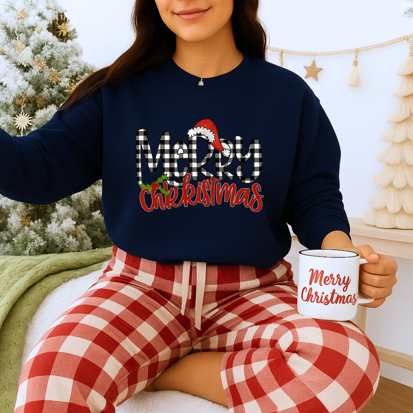 Unisex Heavy Blend™ mw2037 | Merry Christmas Sweatshirt – Buffalo Plaid Santa Hat Holiday Crewneck | Cozy Unisex Winter Gift