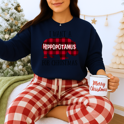 Unisex Heavy Blend™ mw2045 | I Want a Hippopotamus for Christmas Sweatshirt – Funny Buffalo Plaid Hippo Holiday Crewneck Pullover