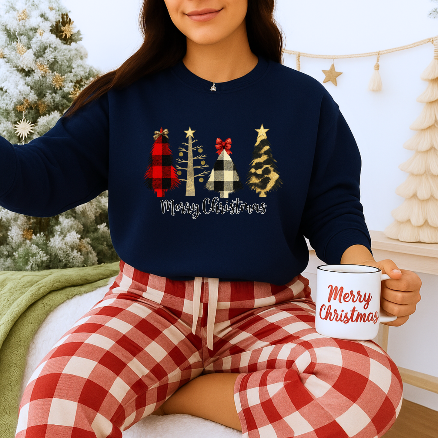 Unisex Heavy Blend™ mw2019 | Merry Christmas Tree Sweatshirt – Buffalo Plaid & Leopard Print Holiday Crewneck | Cozy Unisex Winter Gift