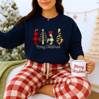 Unisex Heavy Blend™ mw2019 | Merry Christmas Tree Sweatshirt – Buffalo Plaid & Leopard Print Holiday Crewneck | Cozy Unisex Winter Gift