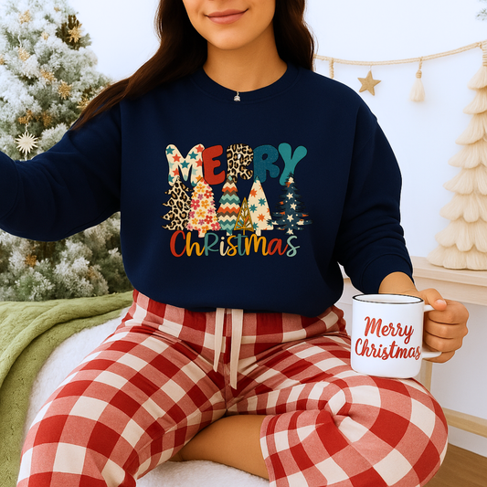 Unisex Heavy Blend™ mw2023 | Merry Christmas Trees Sweatshirt – Colorful Leopard & Plaid Holiday Crewneck | Cozy Unisex Winter Gift