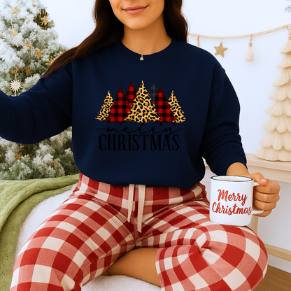 Unisex Heavy Blend™ mw2014 | Merry Christmas Trees Sweatshirt – Leopard & Buffalo Plaid Holiday Crewneck | Cozy Unisex Winter Gift