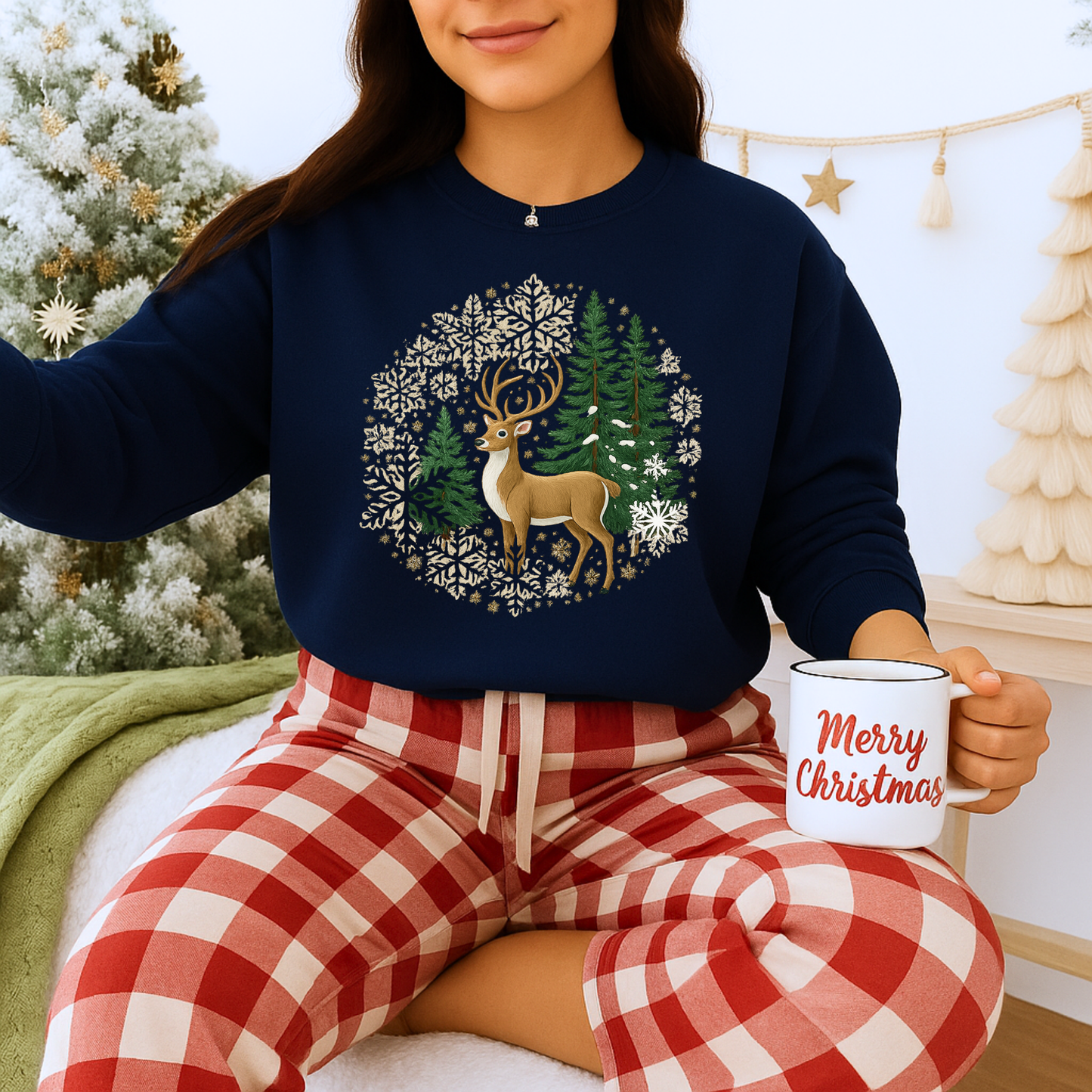 Unisex Heavy Blend™ mw2055 | Reindeer Snowflake Christmas Sweatshirt – Festive Winter Deer Crewneck, Holiday Pullover Sweater