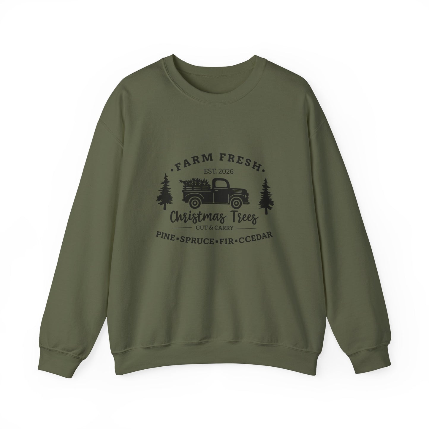 Unisex Heavy Blend™ mw2021 | I Farm Fresh Christmas Trees Sweatshirt – Vintage Red Truck Holiday Crewneck | Rustic Unisex Winter Gift