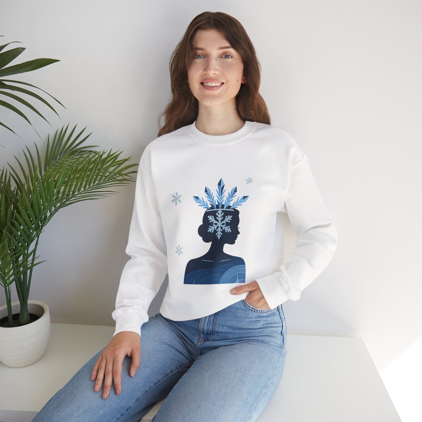 Unisex Heavy Blend™ mw2139 | Ice Queen Silhouette Sweatshirt – Elegant Snowflake Winter Crown Crewneck, Cozy Holiday Gift