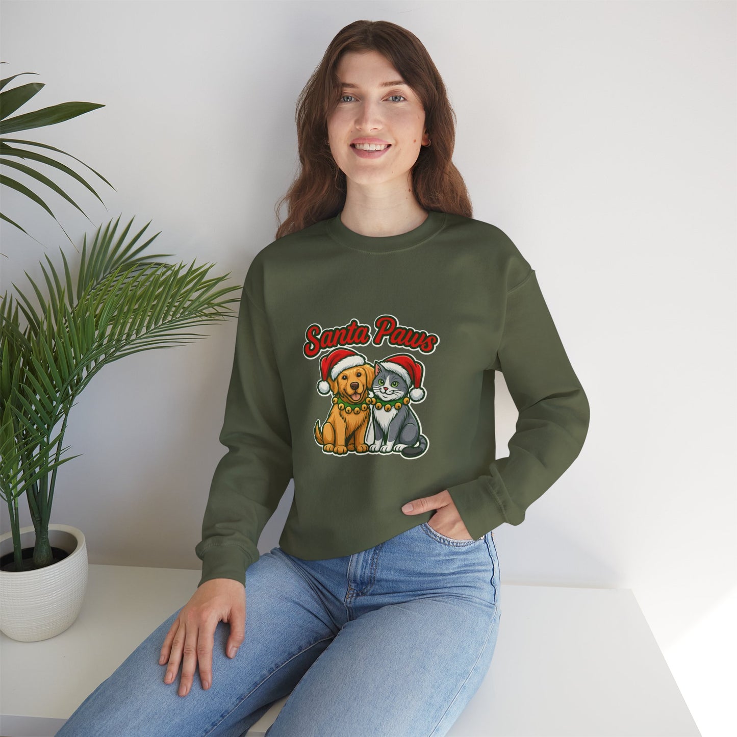 Unisex Heavy Blend™ mw2096 | Santa Paws Christmas Sweatshirt – Cute Cat & Dog Holiday Crewneck, Merry Xmas Gift for Pet Lovers