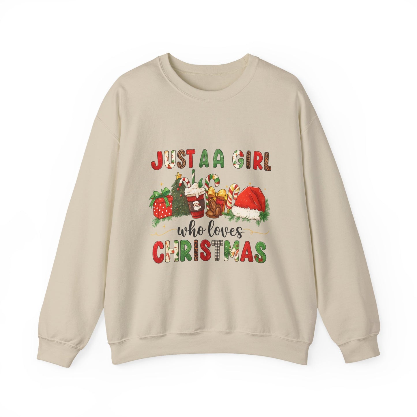 Unisex Heavy Blend™ mw2052 | Just a Girl Who Loves Christmas Sweatshirt – Cute Holiday Pullover, Festive Santa Candy Cane Crewneck