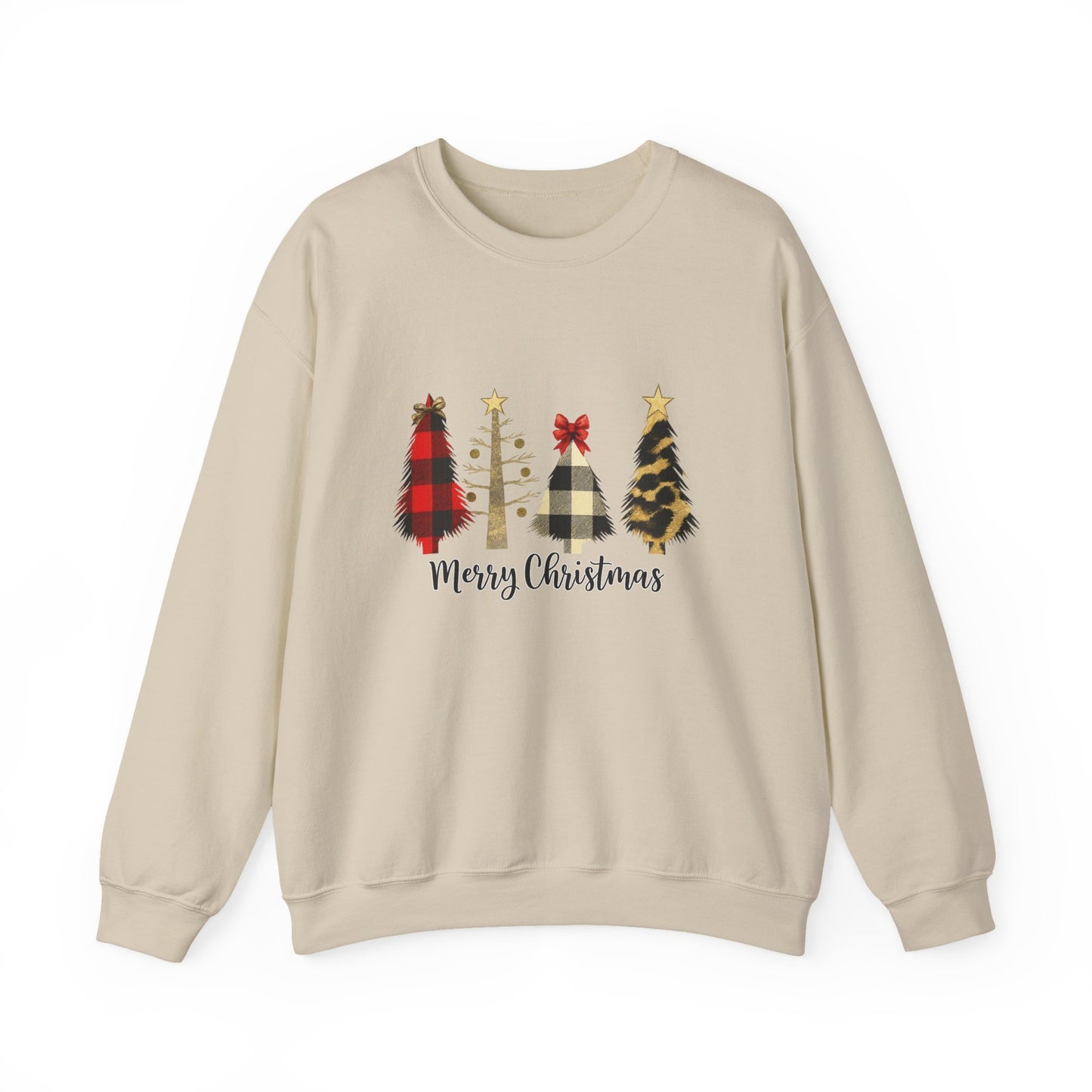 Unisex Heavy Blend™ mw2019 | Merry Christmas Tree Sweatshirt – Buffalo Plaid & Leopard Print Holiday Crewneck | Cozy Unisex Winter Gift