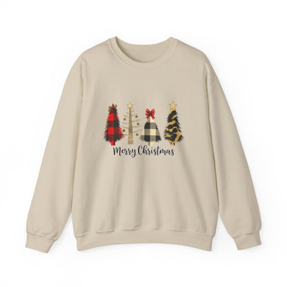 Unisex Heavy Blend™ mw2019 | Merry Christmas Tree Sweatshirt – Buffalo Plaid & Leopard Print Holiday Crewneck | Cozy Unisex Winter Gift