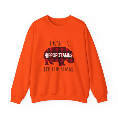 Unisex Heavy Blend™ mw2045 | I Want a Hippopotamus for Christmas Sweatshirt – Funny Buffalo Plaid Hippo Holiday Crewneck Pullover