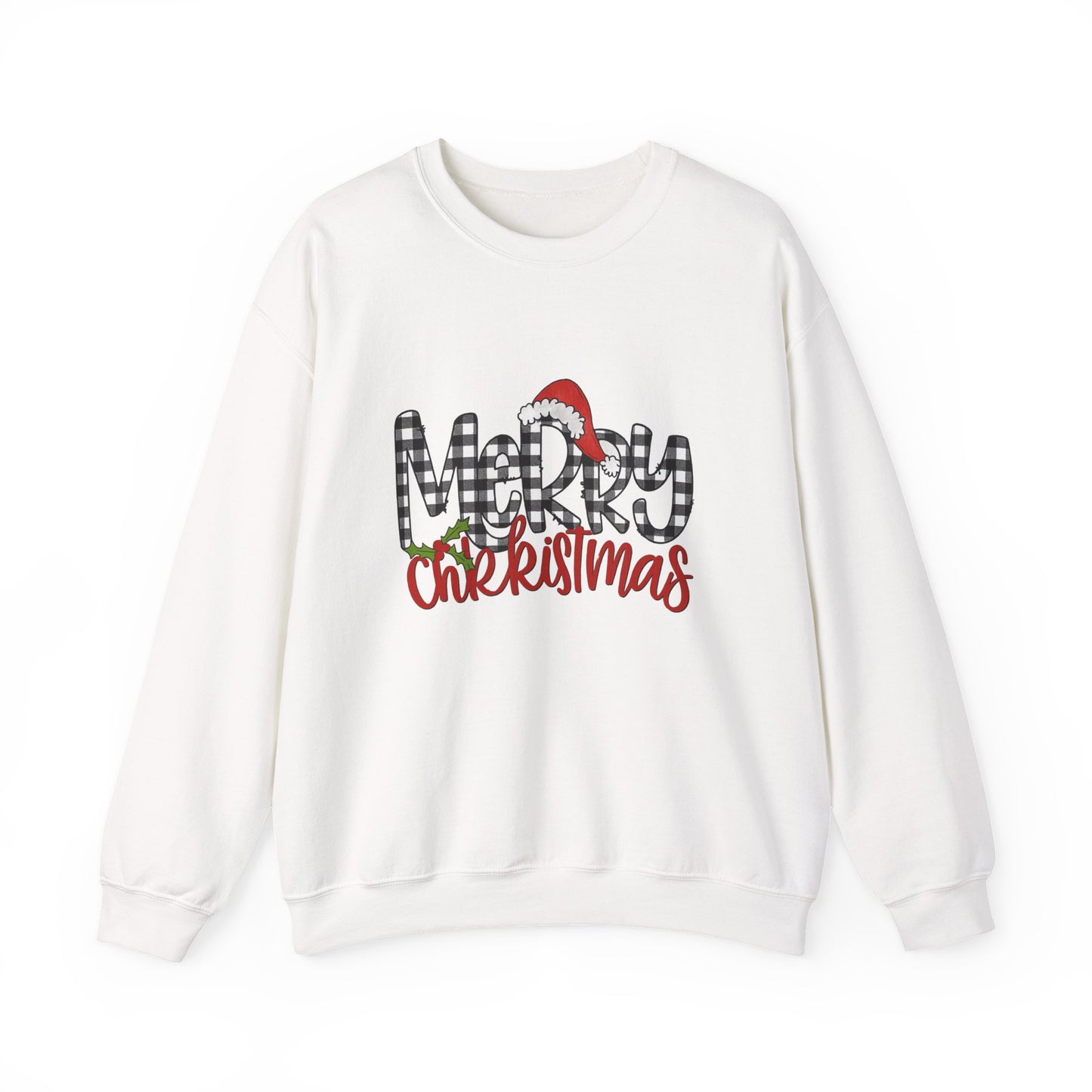 Unisex Heavy Blend™ mw2037 | Merry Christmas Sweatshirt – Buffalo Plaid Santa Hat Holiday Crewneck | Cozy Unisex Winter Gift