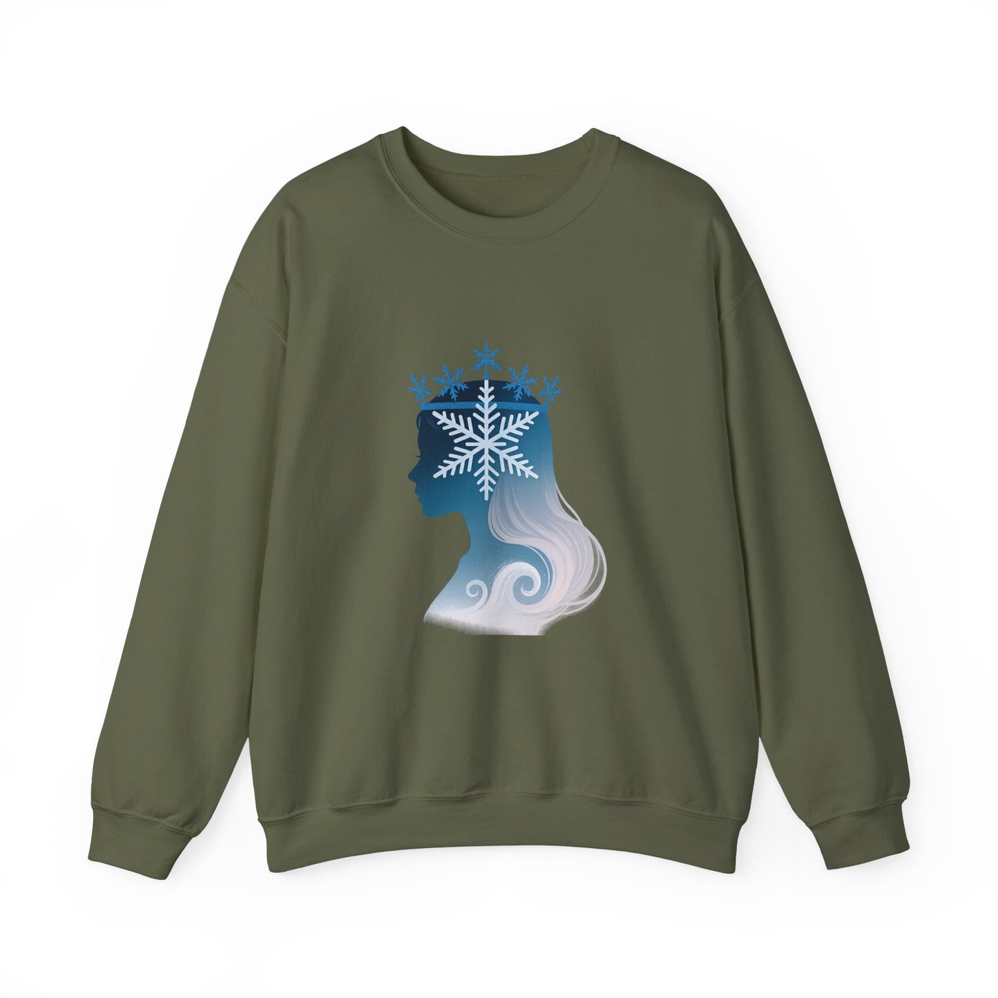 Unisex Heavy Blend™ mw2138 | Snow Queen Silhouette Sweatshirt – Elegant Winter Snowflake Crown Crewneck, Cozy Holiday Gift