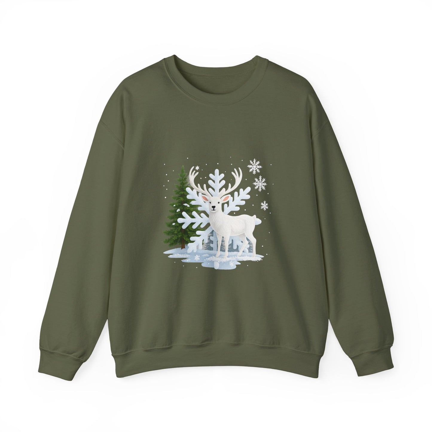 Unisex Heavy Blend™ mw2058 | White Reindeer Christmas Sweatshirt – Snowflake Winter Deer Crewneck, Festive Holiday Pullover Sweater