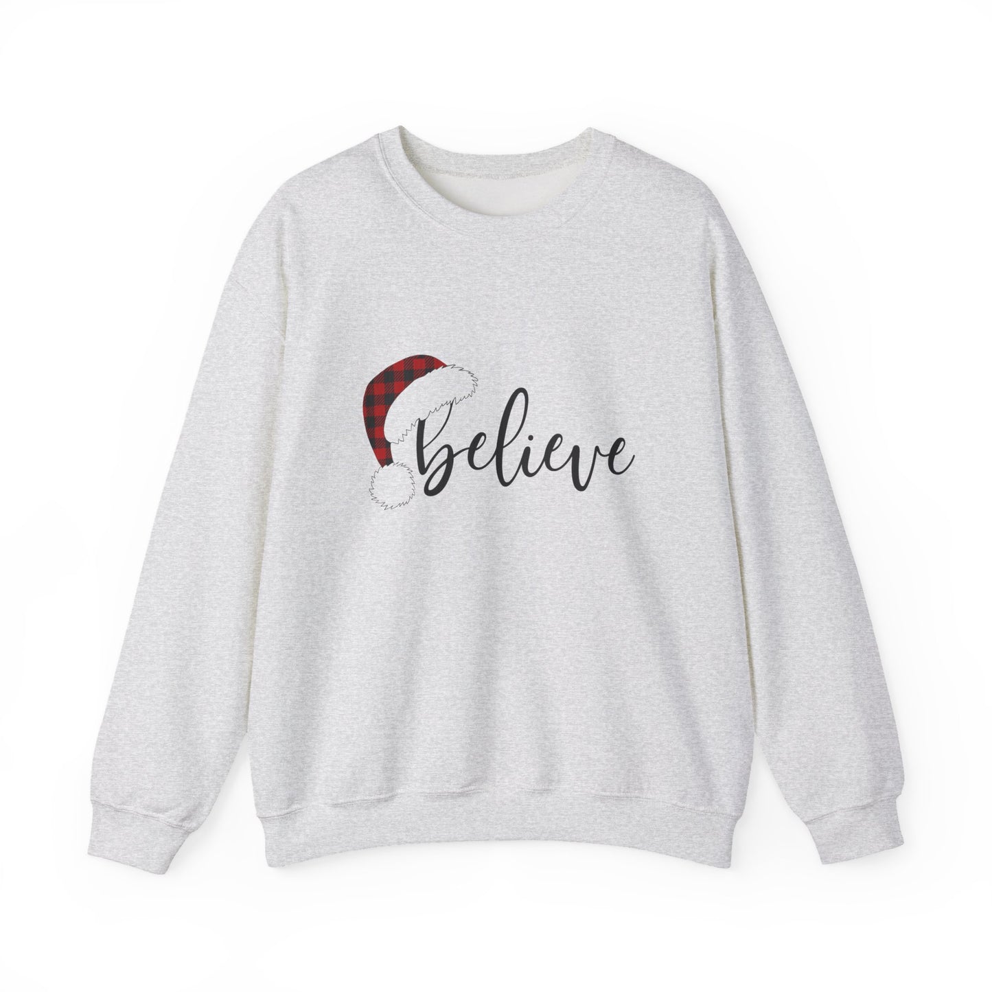 Unisex Heavy Blend™ mw2036 | Believe Christmas Sweatshirt – Buffalo Plaid Santa Hat Holiday Crewneck | Cozy Unisex Winter Gift