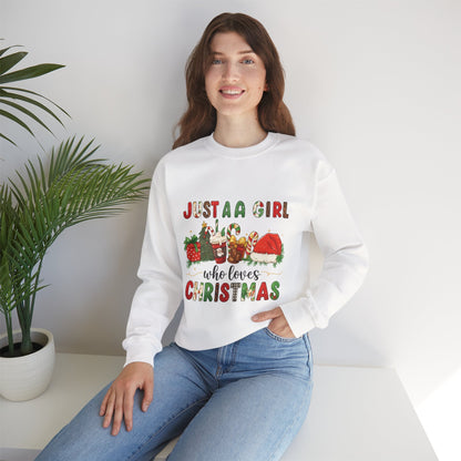 Unisex Heavy Blend™ mw2052 | Just a Girl Who Loves Christmas Sweatshirt – Cute Holiday Pullover, Festive Santa Candy Cane Crewneck