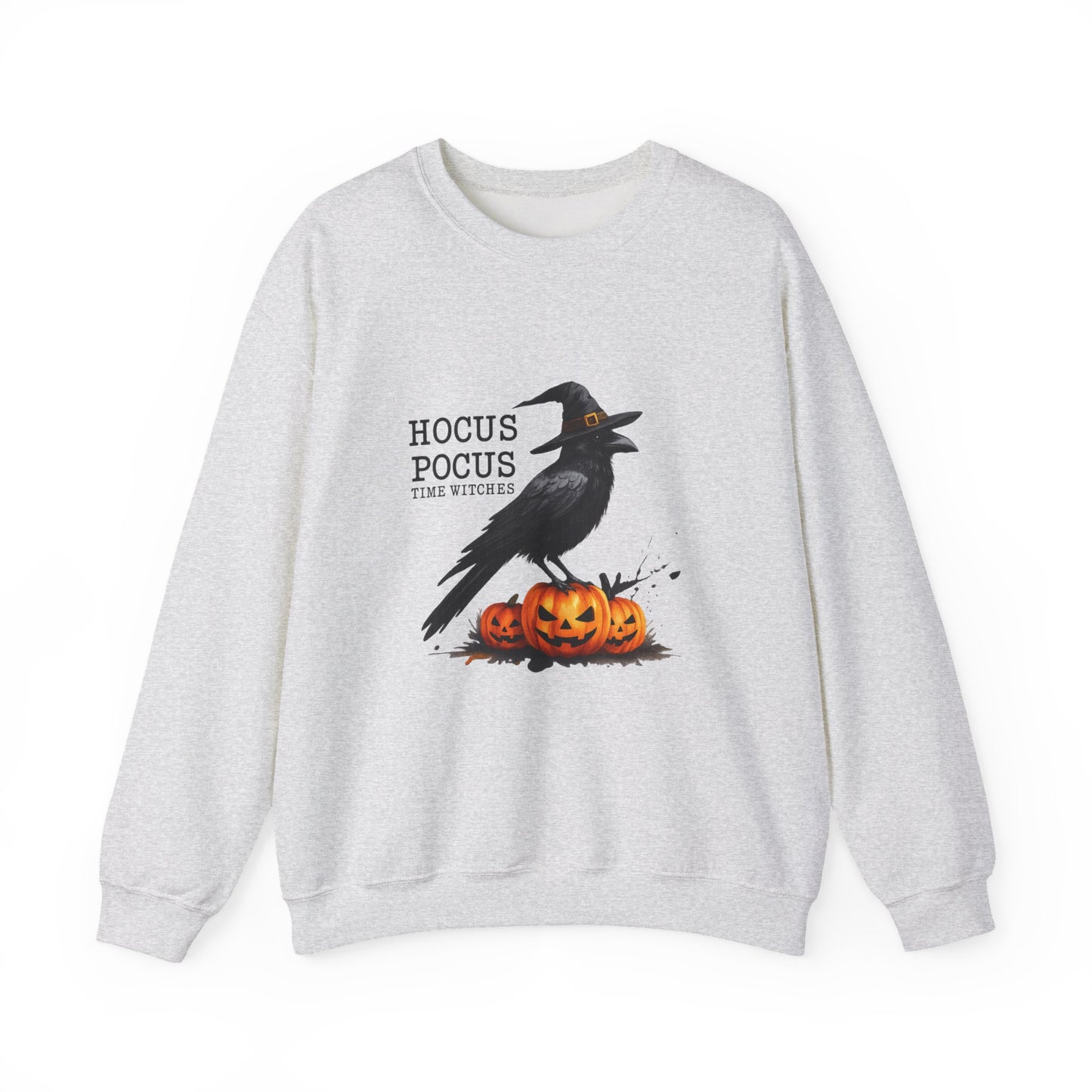 Unisex Heavy Blend™ Hocus Pocus Halloween Sweatshirt – Witchy Raven & Pumpkin Graphic | mw1008