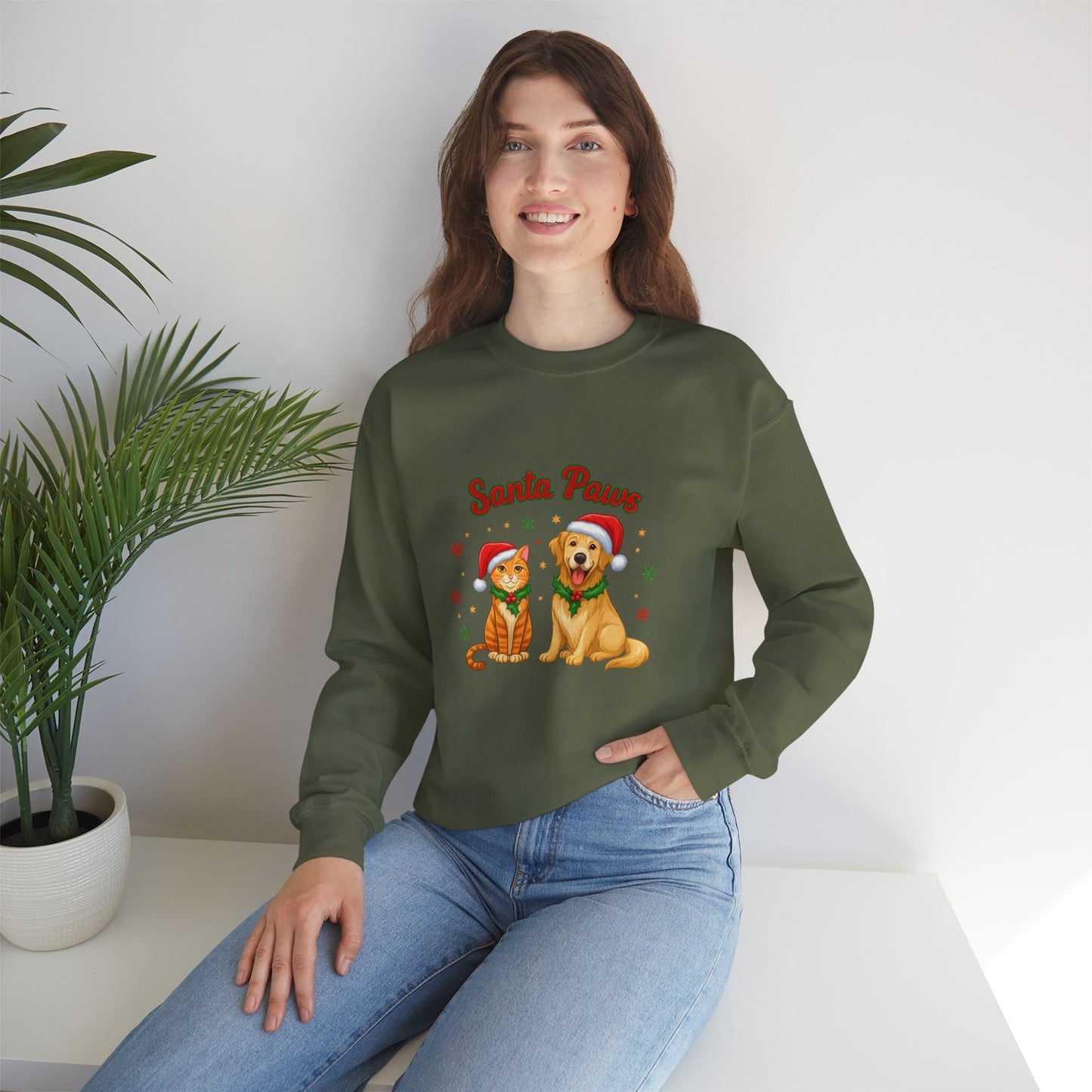 Unisex Heavy Blend™ mw2095 | Santa Paws Christmas Sweatshirt – Cute Cat & Dog Holiday Crewneck, Merry Xmas Gift for Pet Lovers