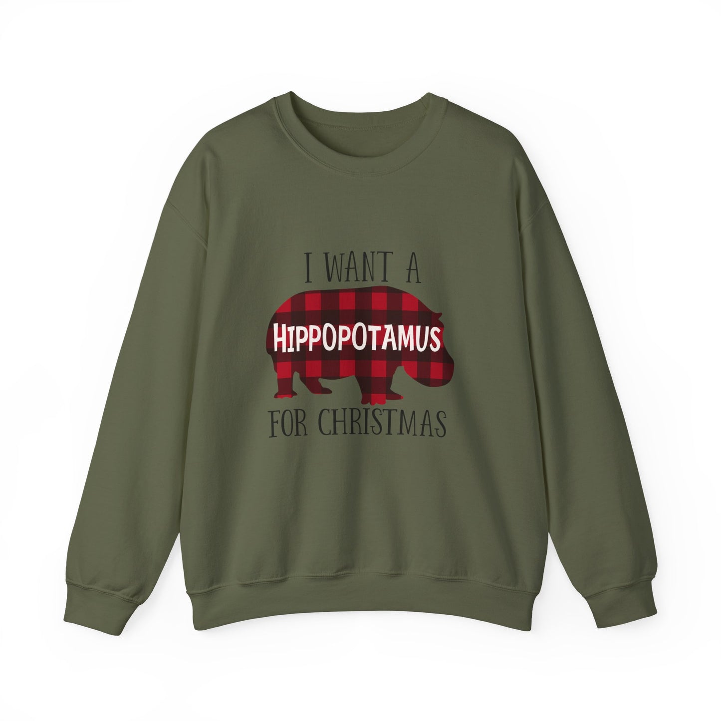 Unisex Heavy Blend™ mw2045 | I Want a Hippopotamus for Christmas Sweatshirt – Funny Buffalo Plaid Hippo Holiday Crewneck Pullover