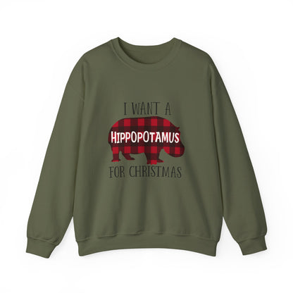 Unisex Heavy Blend™ mw2045 | I Want a Hippopotamus for Christmas Sweatshirt – Funny Buffalo Plaid Hippo Holiday Crewneck Pullover