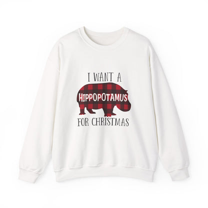 Unisex Heavy Blend™ mw2045 | I Want a Hippopotamus for Christmas Sweatshirt – Funny Buffalo Plaid Hippo Holiday Crewneck Pullover