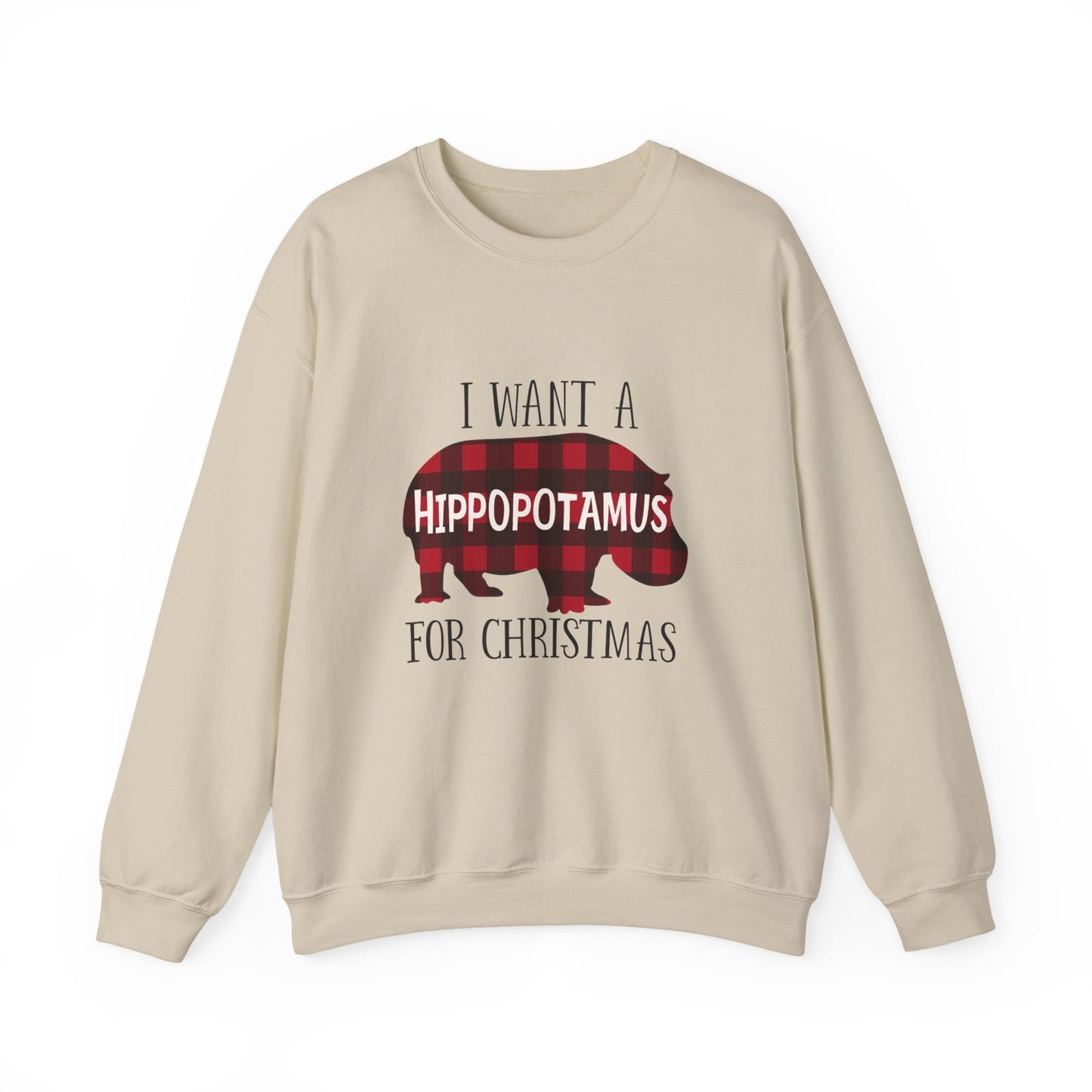 Unisex Heavy Blend™ mw2045 | I Want a Hippopotamus for Christmas Sweatshirt – Funny Buffalo Plaid Hippo Holiday Crewneck Pullover