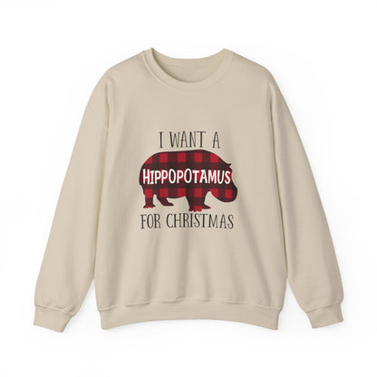 Unisex Heavy Blend™ mw2045 | I Want a Hippopotamus for Christmas Sweatshirt – Funny Buffalo Plaid Hippo Holiday Crewneck Pullover