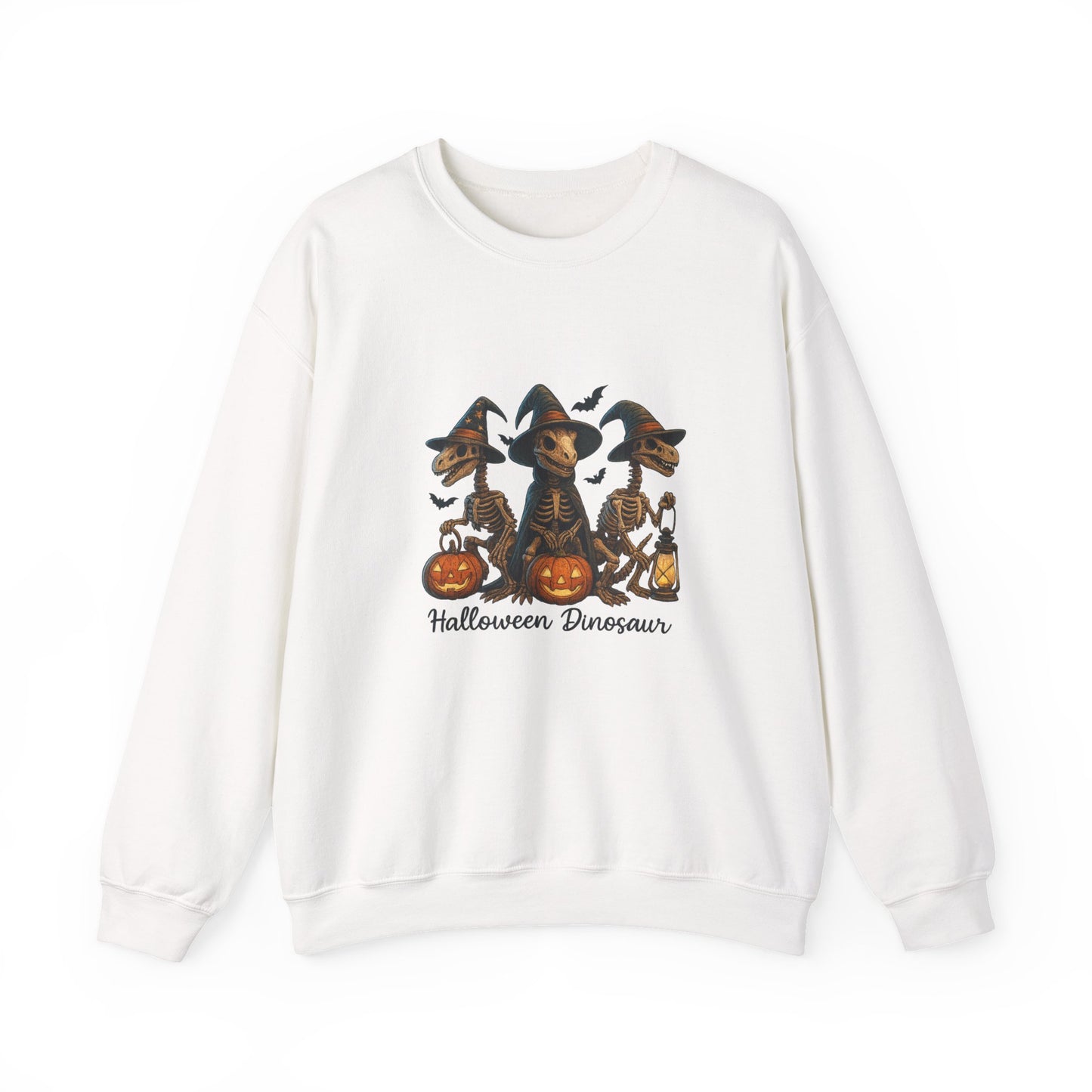 Unisex Heavy Blend™ Halloween Dinosaur Sweatshirt – Spooky Skeleton Dinos with Pumpkins | mw1023