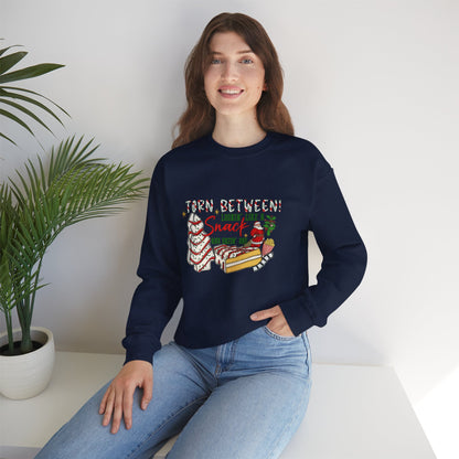 Unisex Heavy Blend™ mw2027 | Torn Between Looking Like a Snack Christmas Sweatshirt – Funny Holiday Crewneck | Cute Unisex Winter Gift