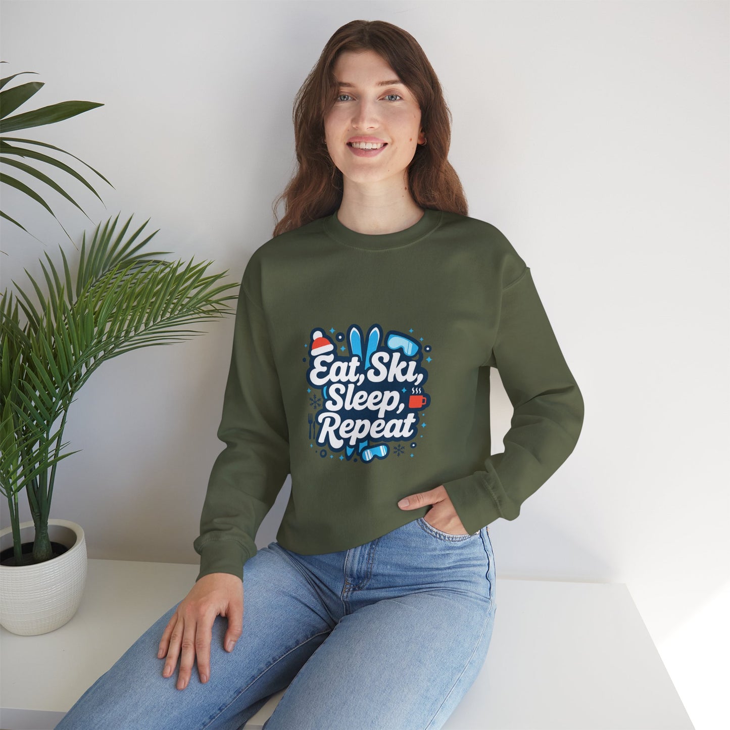 Unisex Heavy Blend™ mw2113 | Eat Ski Sleep Repeat Sweatshirt – Funny Skiing Winter Crewneck, Cozy Snow Sports Gift for Ski Lovers