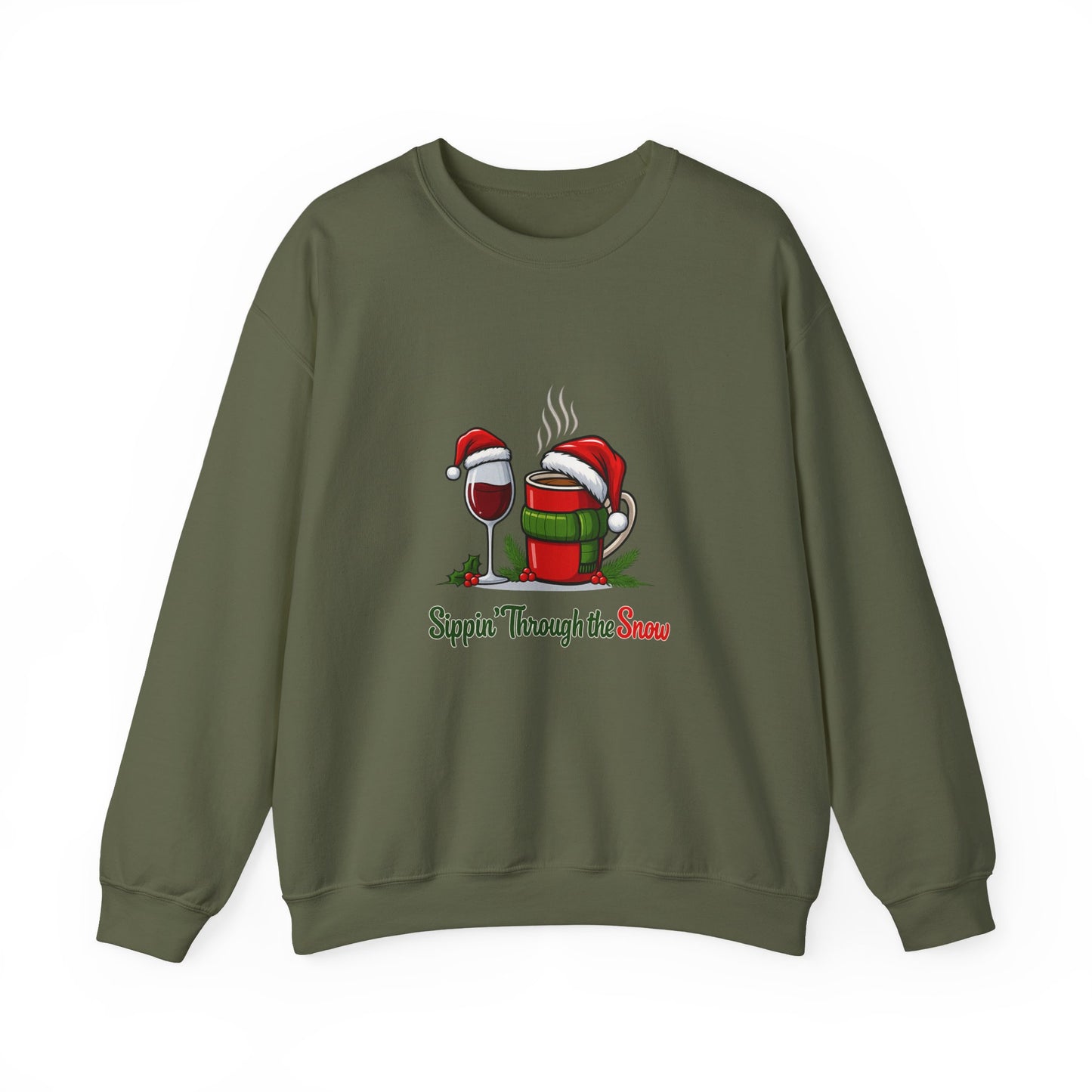 Unisex Heavy Blend™ mw2127 | Sippin’ Through the Snow Christmas Sweatshirt – Funny Holiday Wine & Coffee Crewneck, Festive Xmas Gift