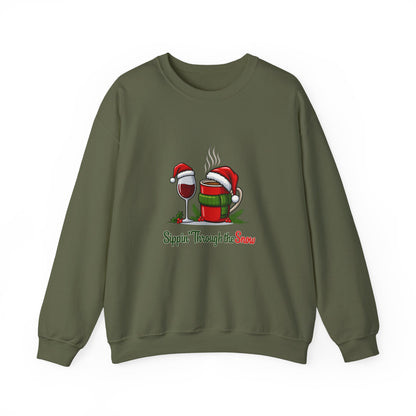Unisex Heavy Blend™ mw2127 | Sippin’ Through the Snow Christmas Sweatshirt – Funny Holiday Wine & Coffee Crewneck, Festive Xmas Gift