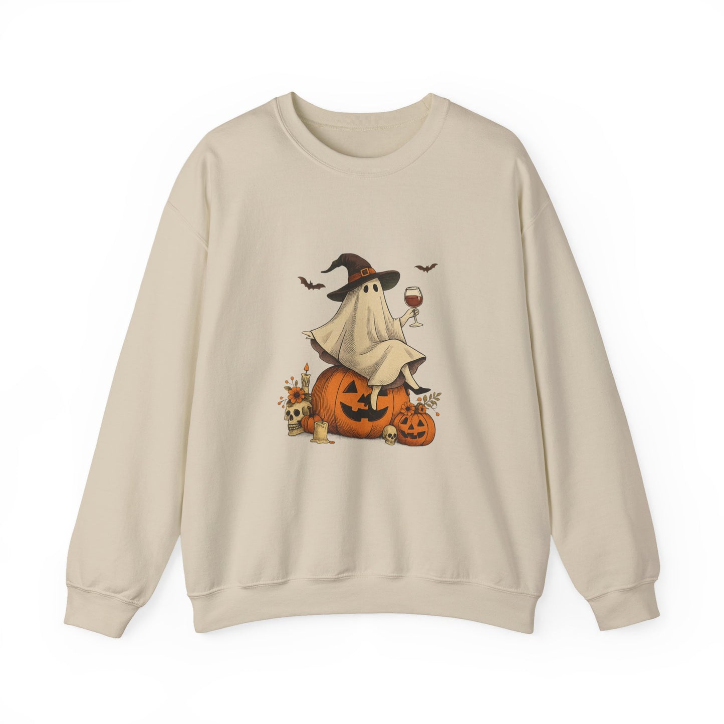 Unisex Heavy Blend™ Wine Ghost Halloween Sweatshirt – Spooky Season Pumpkin Crewneck | mw1013