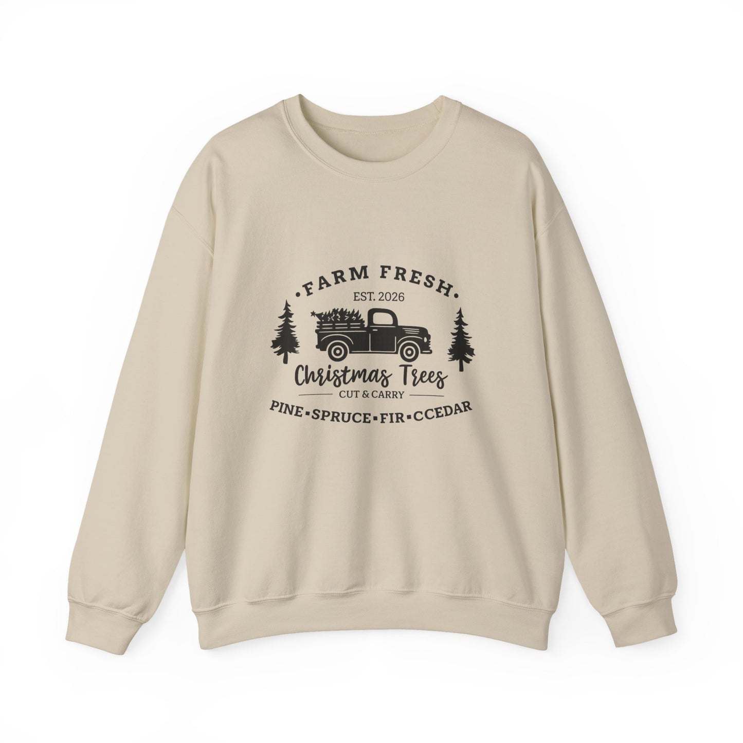 Unisex Heavy Blend™ mw2021 | I Farm Fresh Christmas Trees Sweatshirt – Vintage Red Truck Holiday Crewneck | Rustic Unisex Winter Gift