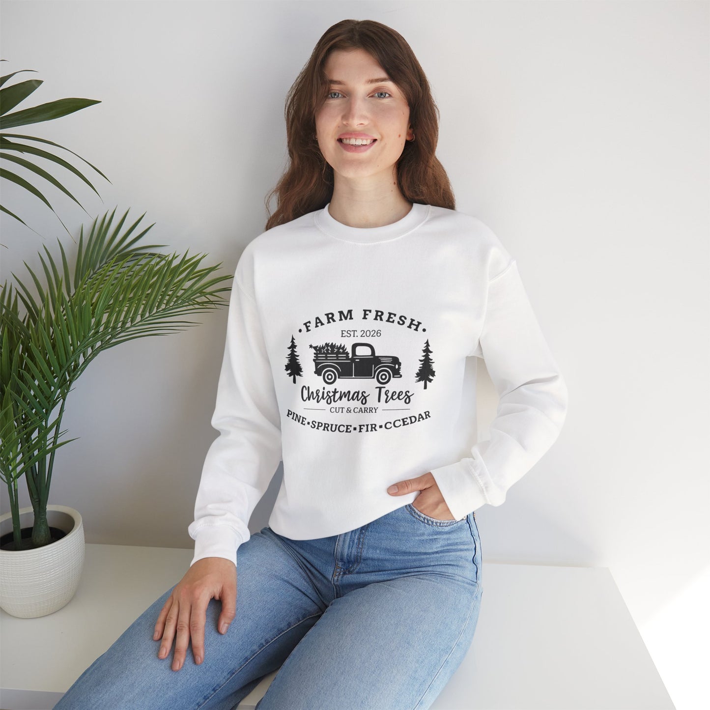Unisex Heavy Blend™ mw2021 | I Farm Fresh Christmas Trees Sweatshirt – Vintage Red Truck Holiday Crewneck | Rustic Unisex Winter Gift