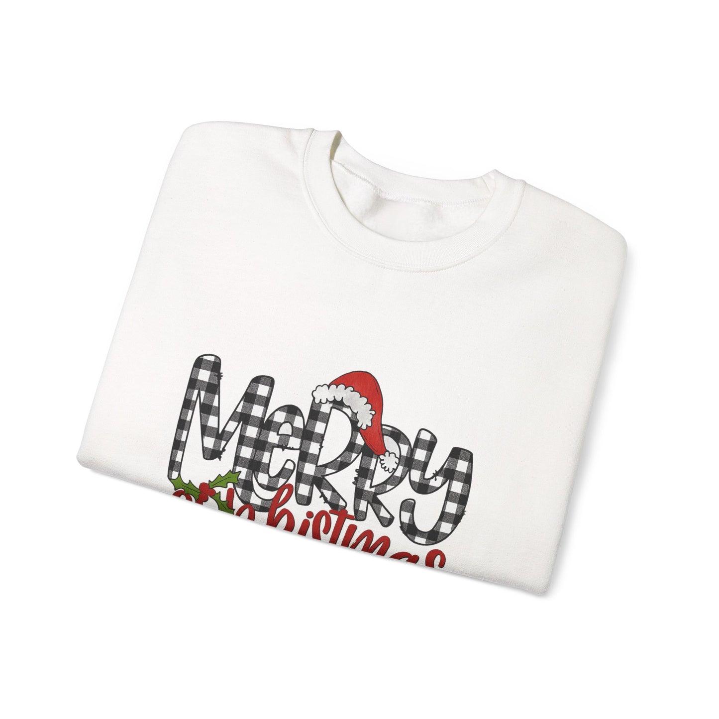 Unisex Heavy Blend™ mw2037 | Merry Christmas Sweatshirt – Buffalo Plaid Santa Hat Holiday Crewneck | Cozy Unisex Winter Gift