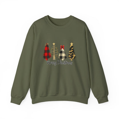 Unisex Heavy Blend™ mw2019 | Merry Christmas Tree Sweatshirt – Buffalo Plaid & Leopard Print Holiday Crewneck | Cozy Unisex Winter Gift