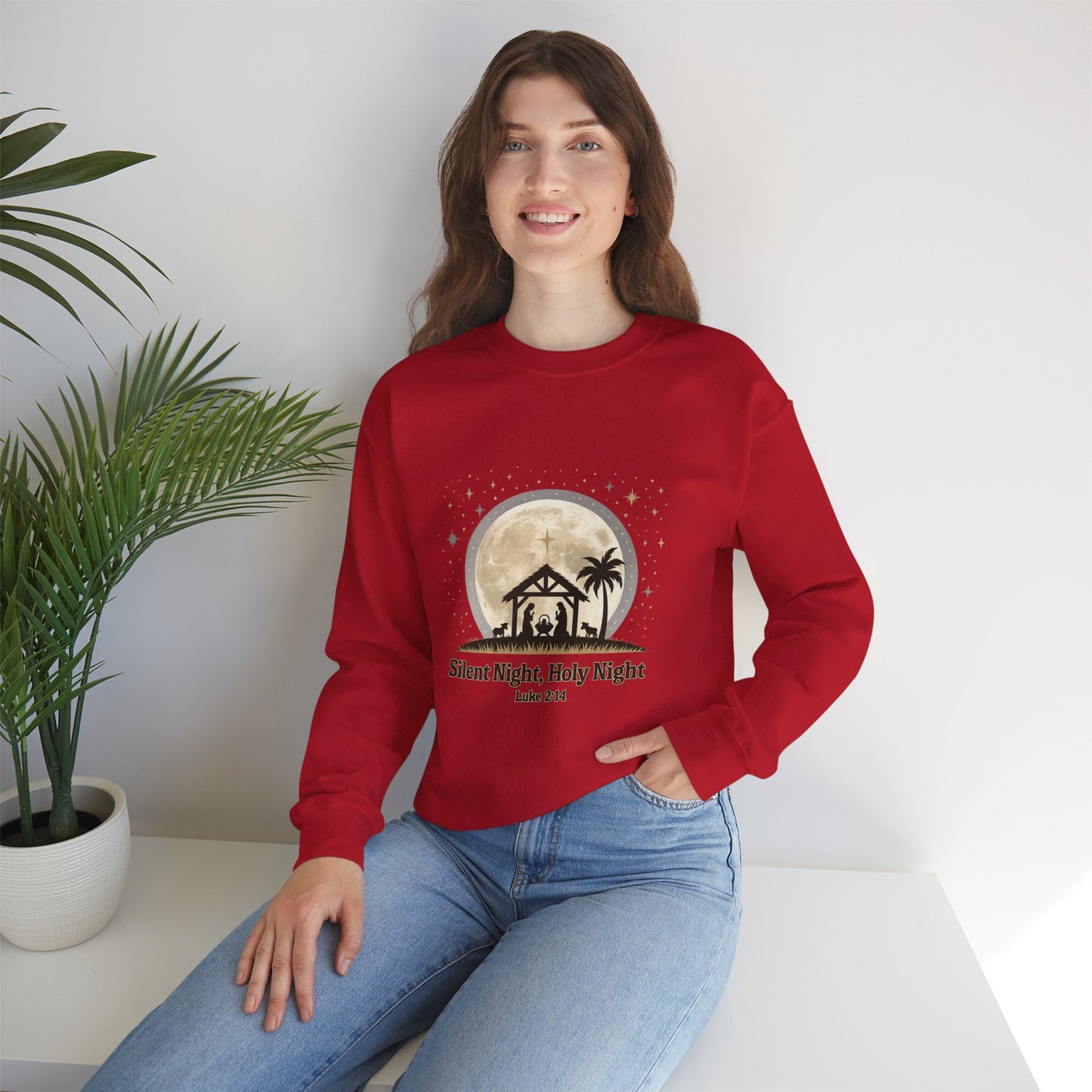 Unisex Heavy Blend™ mw2067 | Silent Night Holy Night Sweatshirt – Christian Nativity Scene Crewneck, Luke 2:14 Bible Verse Christmas Pullover