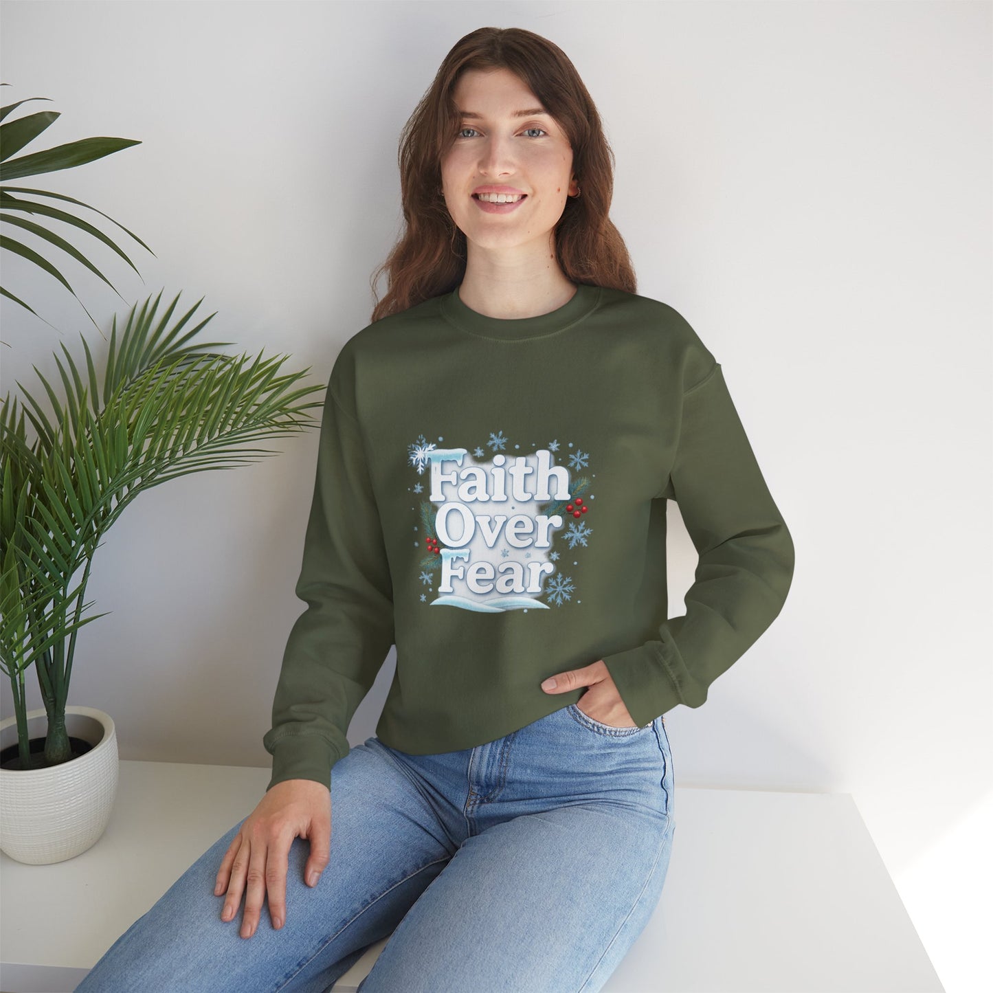Unisex Heavy Blend™ mw2122 | Faith Over Fear Christian Christmas Sweatshirt – Inspirational Holiday Crewneck, Religious Winter Gift