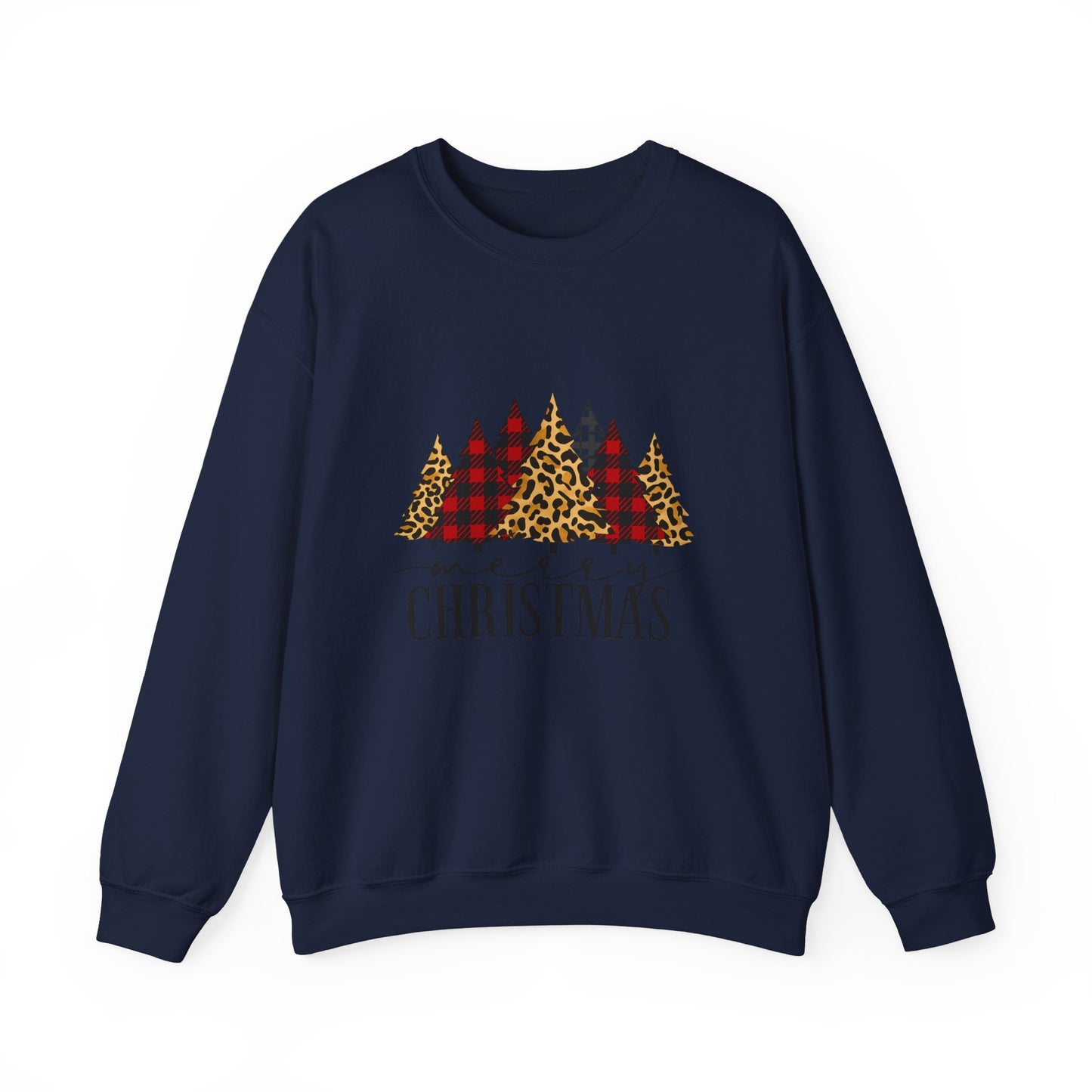 Unisex Heavy Blend™ mw2014 | Merry Christmas Trees Sweatshirt – Leopard & Buffalo Plaid Holiday Crewneck | Cozy Unisex Winter Gift