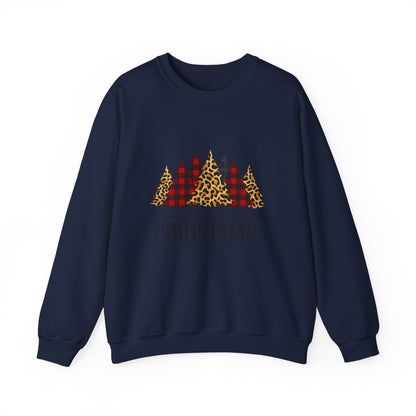 Unisex Heavy Blend™ mw2014 | Merry Christmas Trees Sweatshirt – Leopard & Buffalo Plaid Holiday Crewneck | Cozy Unisex Winter Gift