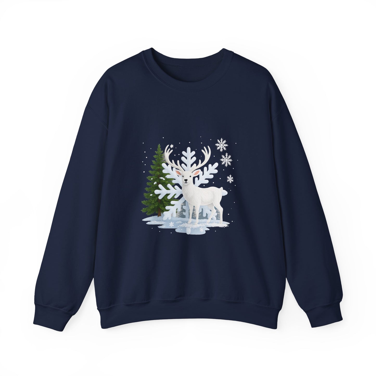 Unisex Heavy Blend™ mw2058 | White Reindeer Christmas Sweatshirt – Snowflake Winter Deer Crewneck, Festive Holiday Pullover Sweater