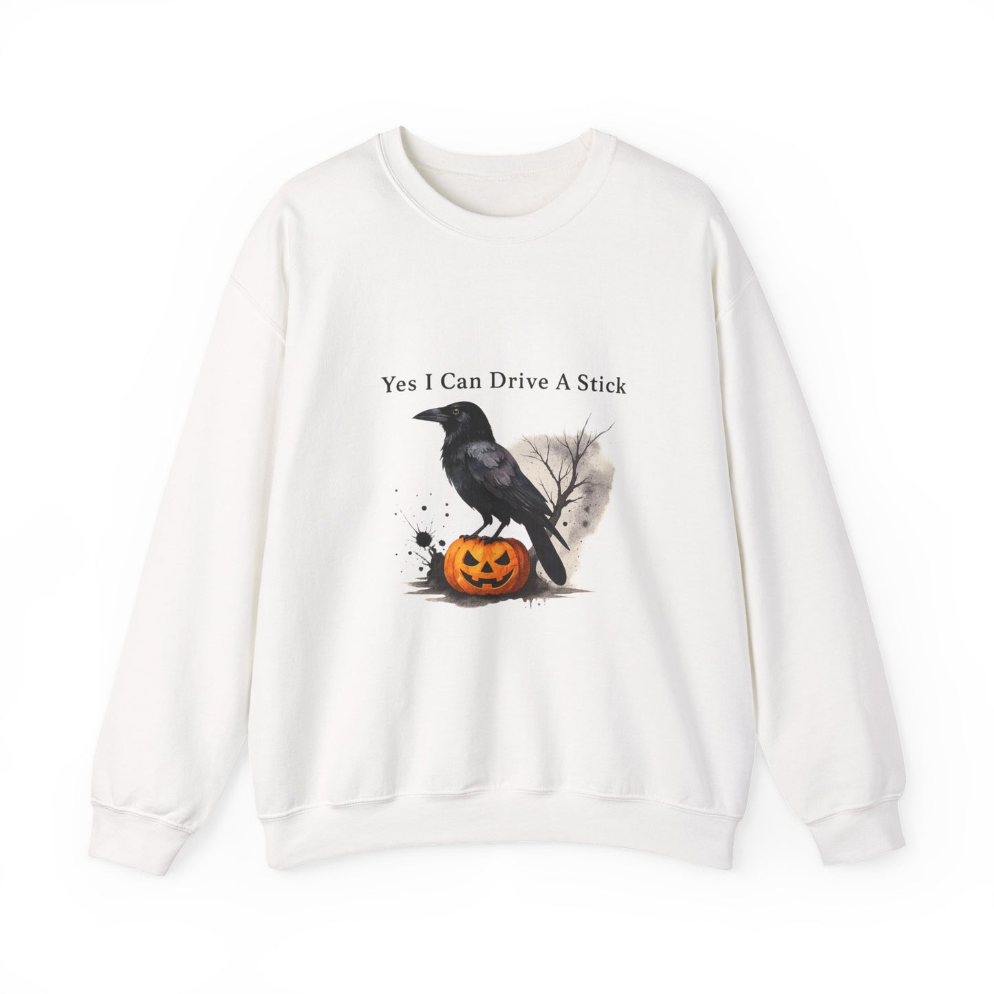 Unisex Heavy Blend™ Yes I Can Drive A Stick Sweatshirt | Funny Halloween Crow Pumpkin Sweater | Spooky Season Witchy Fall Crewneck | mw1004