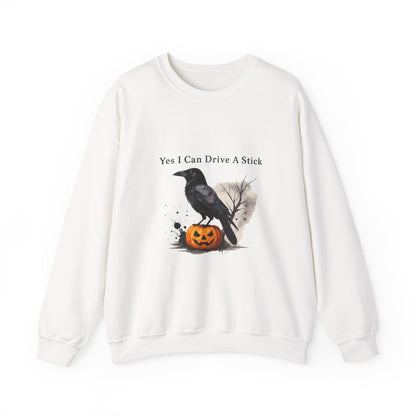 Unisex Heavy Blend™ Yes I Can Drive A Stick Sweatshirt | Funny Halloween Crow Pumpkin Sweater | Spooky Season Witchy Fall Crewneck | mw1004