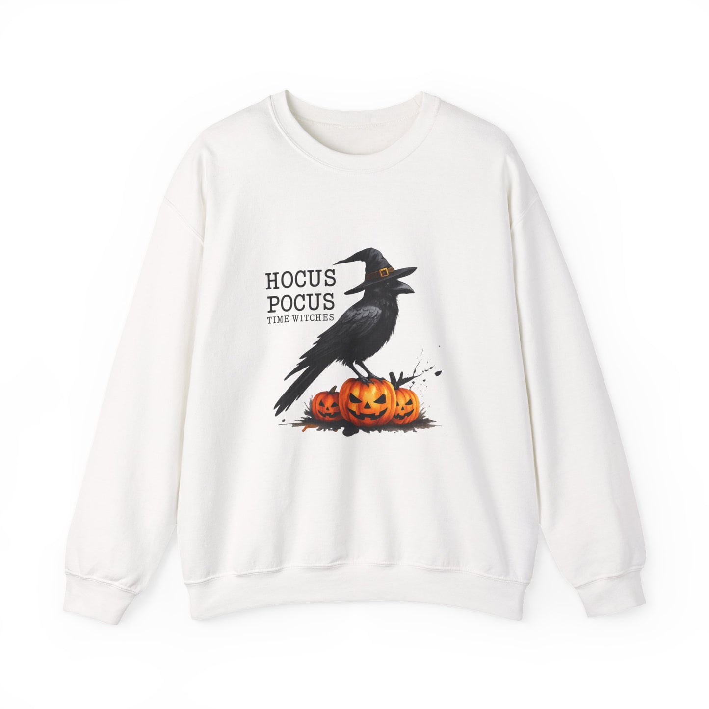Unisex Heavy Blend™ Hocus Pocus Halloween Sweatshirt – Witchy Raven & Pumpkin Graphic | mw1008