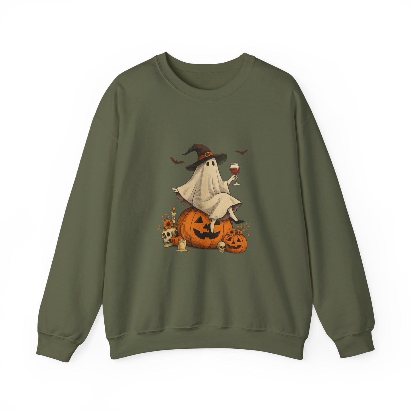 Unisex Heavy Blend™ Wine Ghost Halloween Sweatshirt – Spooky Season Pumpkin Crewneck | mw1013